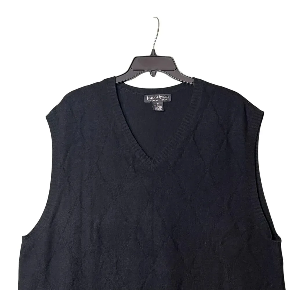 Joseph & Lyman Sweater Vest Mens XL Black 100% Cashmere V Neck Diamond Knit